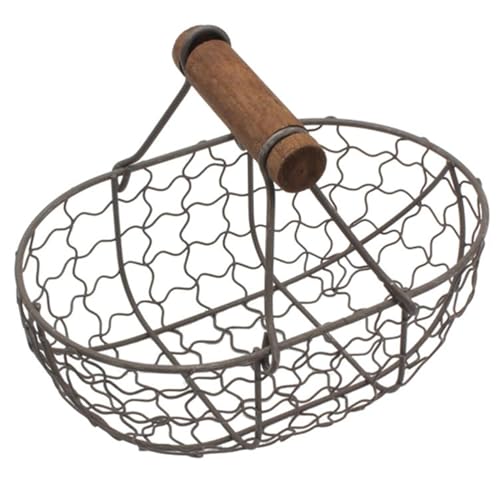Cesta de alambre ovalado, cesta de pollo de metal, recolección de huevos frescos con asas de madera, recipiente de almacenamiento de encimera de estilo vintage negro para huevos frescos, pan, fruta,
