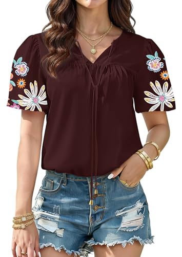 Soesdemo Womens Casual Summer Tops V Neck Short Puff Sleeve Flowy Peasant Blouses Loose Fit Tie Front Shirts Burgundy M