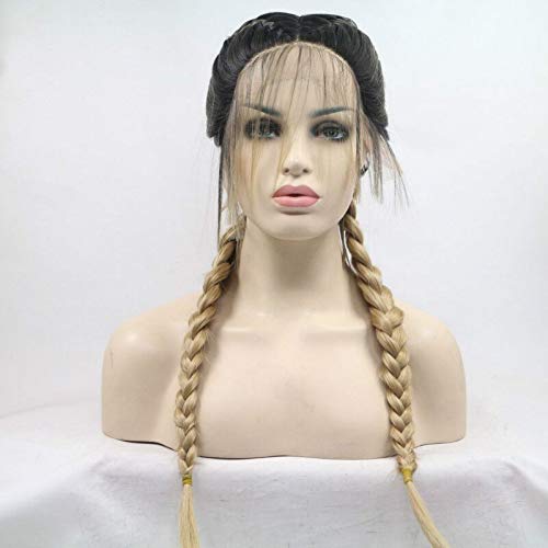 melody wig Blonde Double Braids Lace Front Wigs With Dark Roots Middle Part Gold Synthetic Lace Front Wigs Heat Resistant Fiber Hair 24''