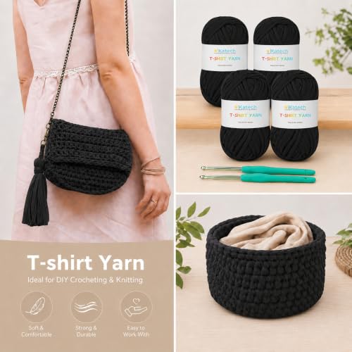 Image of Katech 400g T Shirt Yarn for Crocheting, Elastic Fabric Yarn for Bag-Black