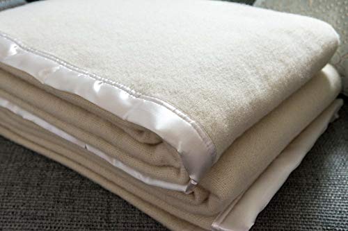 Snugglemore New and Improved Traditional 100% Pure Wool Solid Weave Blanket Throw with Satin Ribbon Trim (Cream, Double)