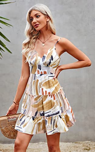 Image of ECOWISH Summer Dresses for Women 2026 V-Neck Spaghetti Strap Bowknot Backless Sleeveless Lace Mini Swing Skater Dress