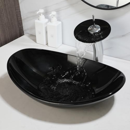 Washly Black Oval Bathroom Vessel Sink Tempered Glass Washing Bowl Combo Above Counter Chrome Waterfall Faucet Pop Up Drain Set