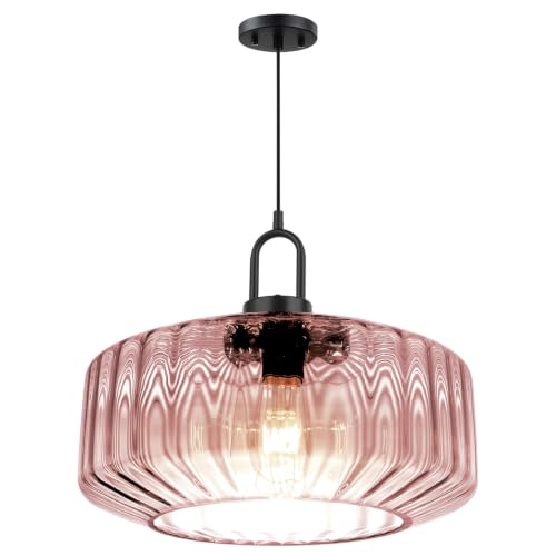 Qufute Large Glass Pendant Light Ribbed Pink Ceiling Hanging Light Fixture