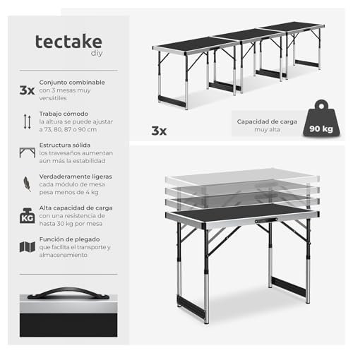 tectake® Set de 3 Mesas Auxiliares Ajustables en Altura a 4 Niveles, Mesas Camping Plegables, Mesas de Trabajo, Picnic, Fiestas, Bricolaje, 100x60, Multiusos, Fácil Montaje, Tableros en MDF - Negro - imagen 3