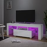 Panana 51inch TV Unit Stand Storage Glass Shelves Big Drawer Sideboard 16 Colors RGB LED Lighted TV Cabinet for 32 40 43 50 55 inch TV (White, With LED)