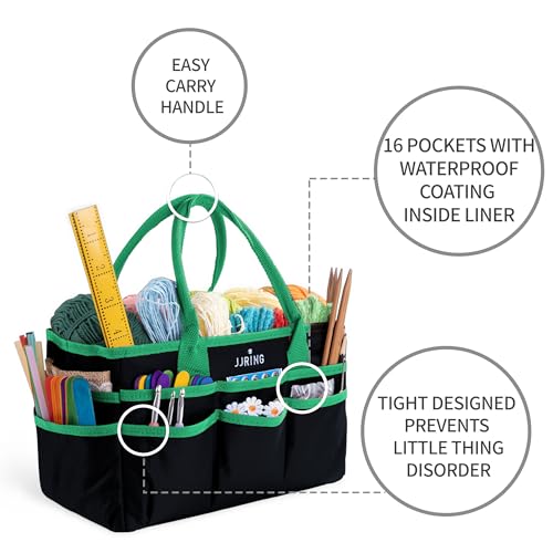 Image of Jjring Craft and Art Organizer Tote Bag - 600D Green Nylon Fabric Art Caddy with Pockets - for Art, Craft, Sewing, Medical, and Office Supplies Storage