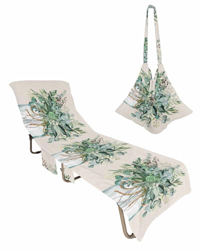 Botanical Eucalyptus Beach Chair Cover with Side Pockets, Microfiber & Quick Dry Pool Chaise Lounge Chair Towels Covers for Sun Sunbathing Patio Garden Hotel, Farmhouse Vase Rustic Green Leaves