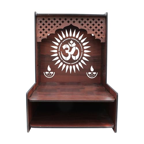 Image of Olive Tree Ethnic Wooden Pooja Mandir for Home Handcrafted Puja Stand | Wall Mounted with LED Spot Light | Mandapam, Pooja Ghar, Temple Office Decor - Walnut Size 12X12X16 Inch 1001