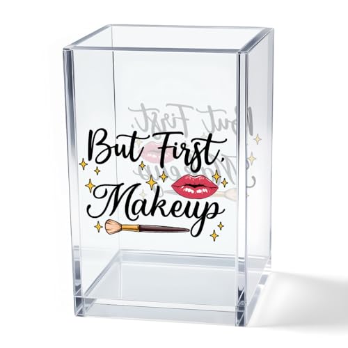 Image of But First, Makeup Acrylic Makeup Brush Organizer Holder, Make Up Artist Desk Acrylic Brushes Storage, Christmas Birthday Gifts Women Mom Aunt Sister Boss Lady Make Up Artist