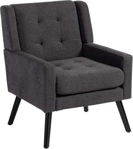 Koaris Fauteuil Chesterfield Capitonné à Boutons - Dossier Haut, Pieds en Bois Massif Noir - Revêtement Lin Gris foncé pour Salon et Bureau
