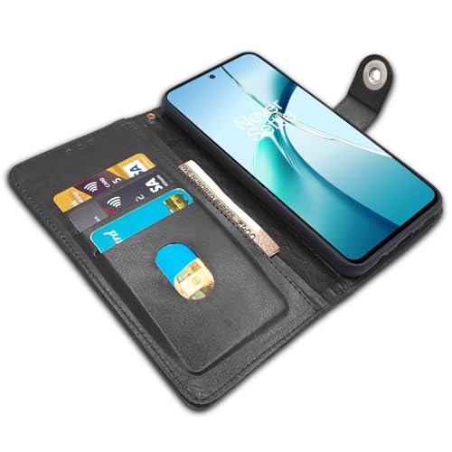 Image of Pikkme Flip Cover Leather Finish | Inside TPU with Card Pockets | Wallet Stand and Shock Proof | Complete Protection Button Flip Case for OnePlus Nord CE 4 Lite 5G (Black)