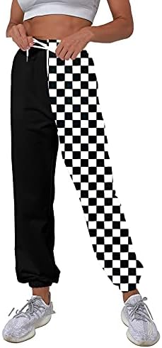 Women's Gothic Pants Y2K Plaid High-Waisted A-line Pencil Trousers Punk Black&White Checkered Straight Sweatpants…