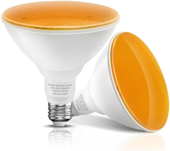 Par38 Amber Yellow LED Light Bulbs Outdoor, 15W (150W Equivalent) 2000K E26 Base Flood Bug Lights for Porch/Hallway, Christmas Decorative Outside, Not DimmableLight Bulbs, 2 Pack