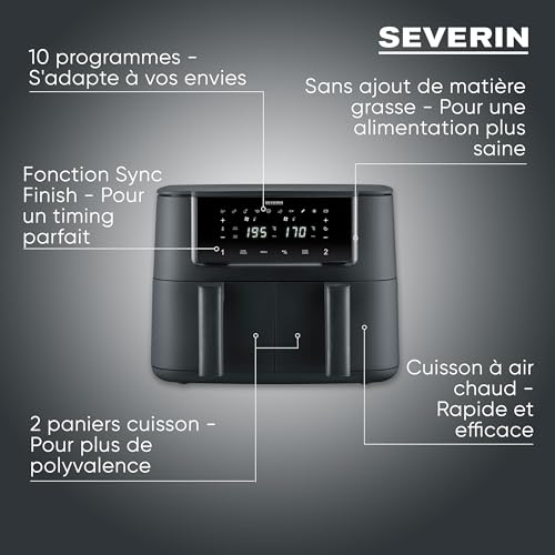 SEVERIN Friteuse à air chaud double zone de cuisson, Air fryer 10 programmes, Friteuse sans huile avec 2 paniers de 4 L sans PFAS, Multicuiseur à écran tactile, Noir, FR 2463