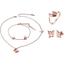 Cupimatch Butterfly Bracelet Ring Earrings Necklace Set, 18k Rose Gold Plated love Jewelry Gift Set for Women