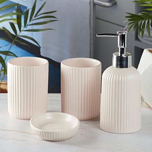 Image of SaSaSa Ceramic Bathroom Accessories Set of 4 Modern Bath Set with Soap Dispenser & Toothbrush Holder, Luxury Home & Gift Idea, Beige (9631)