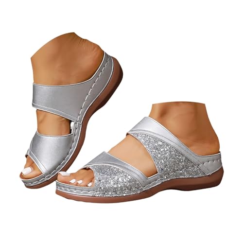 Image of Nuoke Gladiator Sandals for Women, Sandals for Women 2026 Orthopedic Ladies Sandals Womens Arch Support Summer Slip Wide Fit Walking Slip on Platform Sliders Sport Wedges Shoes Silver 4