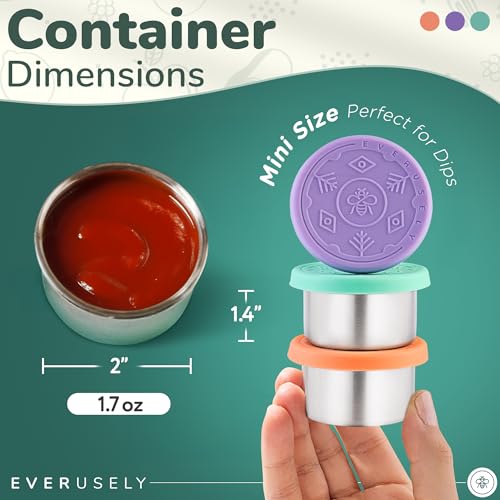 Everusely Condiment Cups - 3 Pack, 1.7 oz / 50 ml, Bright, Stainless Steel - Condiment Containers with Lids - Reusable Salad Dressing Container To Go - Sauce & Dip Cup for Lunchbox, Meal Prep