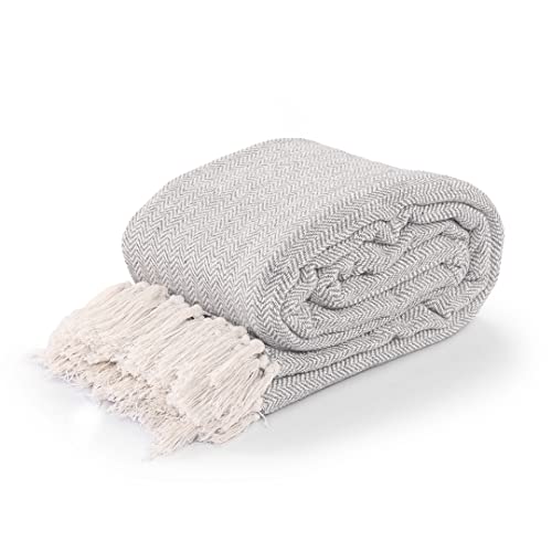 La Maison 100% Indian Cotton Herringbone Pattern Large Batten Throwover Sofa Throw Multicoloured Bed Throw Woven Handloom Tassel Armchair Decorative Blanket (Grey, 127cm x 152cm / 50" x 60")