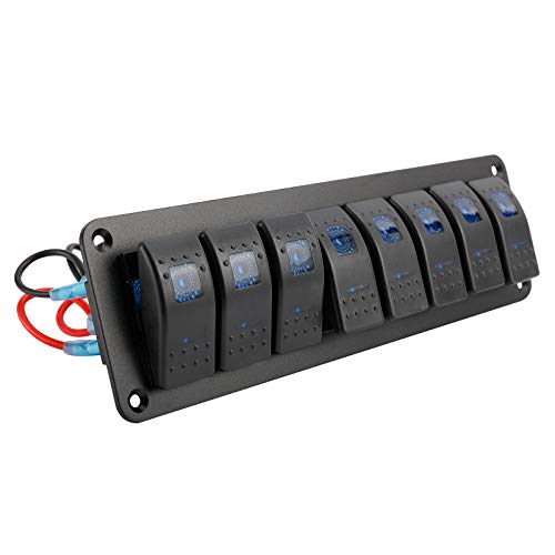 Amarine Made 12-24V Boat Switch Panel Illuminated Rocker Switch Aluminum Pre-Wired Panel 2,3,4,5,6,8 Gang Toggle Switches Dash 5 Pin On/Off 2 Led Backlit For Bus Boat Car Marine Blue Led Ip65 (8 Gang) #TOP5
