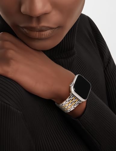 Image of W-RARA Compatible with Apple Watch Band 38 /40 /41 /42 /44 /45 /46 /49mm Women Men, Dressy Stainless Steel Seven-link Horizontal Texture Metal Strap for iWatch Series 11 10 9 8 7 6 5 4 SE Ultra 3 2 1