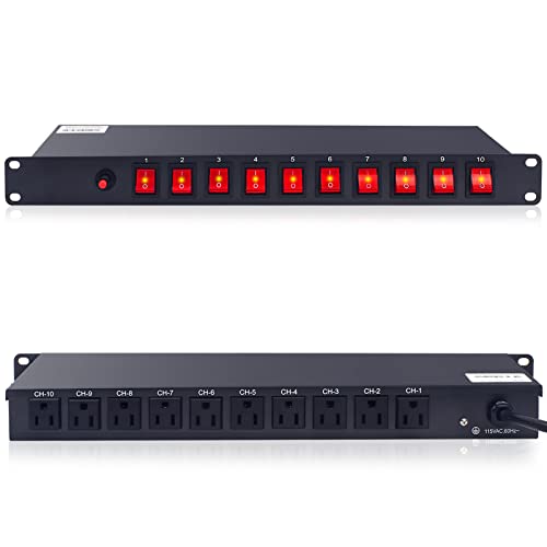 10 Outlet Horizontal 1U Rack Mount Pdu Power Strip - Surge Protection,10 Individual Led Switches，Ac 100V-240V-15A.for Network Server Racks, 6 Feet Heavy Power Cord #TOP14