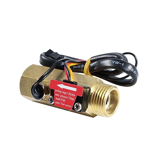 GREDIA G1/2" Water Flow Sensor Thread Female to Male Brass Switch Hall Effect Liquid Flowmeter Fluidmeter Counter BSP with Temperature Sensor 1-25L/Min（66 mm in Total Length）