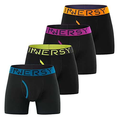 INNERSY Boxers for Men Anti Chafing Underwear Front Cotton Trunks Black Underpants Pack of 4 (L, 4 Black with Colorful Waist)