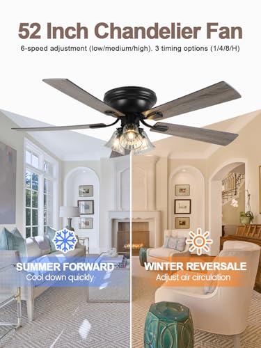 Image of 52'' Flush Mount Low Profile Farmhouse Ceiling Fan with Light