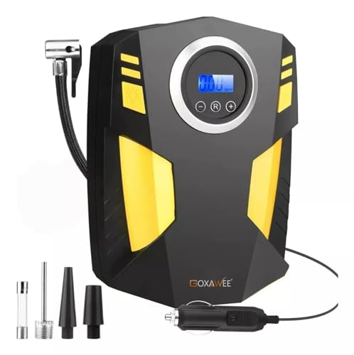 Digital Tyre Inflator, GOXAWEE Portable Air Compressor with 3 Nozzle Adaptors, 12V Tyre Inflator Air Compressor with Digital LED Light for Car Tyres, Bicycles, Motorbikes, and Other Inflatables