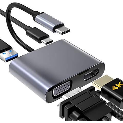 USB C to VGA HDMI Adapter, ElecMoga 4 in 1 Type C to 4K HDMI/VGA/USB 3.0/USB C PD Charging Multiport Hub Adapter Compatible with Macbook Pro/Air,Nintendo,Dell,HP,Samsung S8/S9,Huawei P30 and More Cover