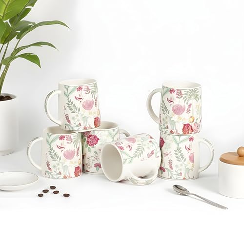 Image of Miah VintageBloom Ceramic Cup Set - Set of 6 | 10.16 cm x 6.85 cm x 8.89 cm | Handcrafted Coffee & Tea Mugs | Microwave & Dishwasher Safe | Timeless Classic Floral Design