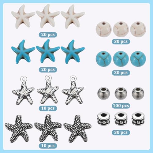 SUNNYCLUE 1 Box 250Pcs Ocean Bead Kit Starfish Beads Lucky Turquoise Bead Sea Star Beads Starfish Charms Round Stone Bead Hawaii Summer Spcaer Beads for jewellery Making Kits Women Adults Supplies - Image 2