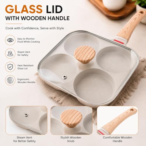 Image of Non-Stick 4-Hole Frying Pan for Cooking | Heavy-Duty Iron Egg Frying Pan with Wooden Handle | Multi-Section Omelette & Pancake Maker | Non-Stick Breakfast Skillet for Kitchen (White)