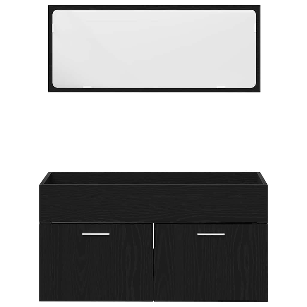 Zestaw mebli łazienkowych w kolorze czarnym o wyglądzie dębu, materiał drewnopochodny z umywalką, szafka pod umywalkę i lustro ścienne, 90 x 38,5 x 46 cm, nowoczesne wzornictwo wiszące dla