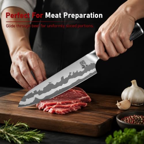 8 Inch Chef Knife, Multi-Layer Steel Kitchen Knife with Ergonomic Wood Handle, Razor Sharp Japanese Knife with Sandblasted Blade, Professional Slicing Knives for Meat Vegetable, Gift for Men Women - 3