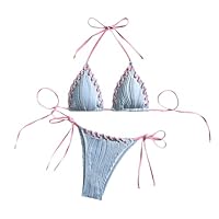 Costumi Bralette Donna Costume Pantaloncino Donna Women Two Piece Bikini Swimsuit Color Block Bathing Suits String Bikini Sets Imbottito Costume 2 Pezzi Coprente (Blue S)