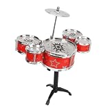 POENVFPO Batería para Niños, 5 Tambores, 1 Platillo, 2 Soportes para Baquetas de Percusión, Juguete Musical Educativo Temprano para Niños y Niñas, con Material ABS Resistente (rojo)
