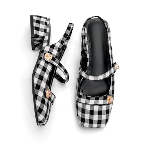 Image of Slingback Mary Jane Heels for Women Low Block Heel Closed Square Toe Pump Shoes Heels Classic Daily Office Dressy Shoes
