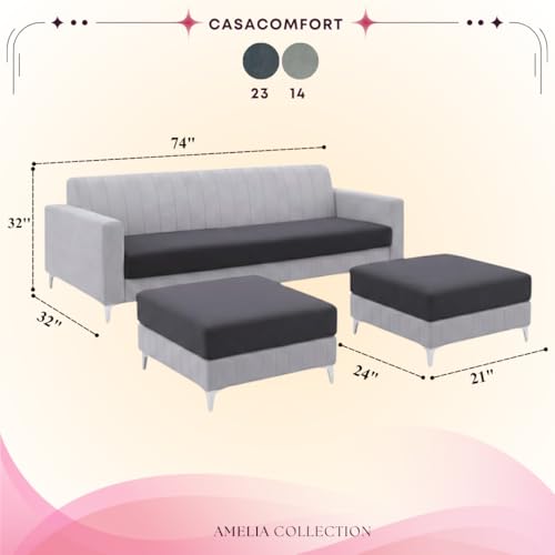 Image of Amelia 5 Seater L Shape Sofa Set with 2 Movable Ottomans | Flexible Layout | Rich Velvet Suede Fabric | Silver Legs | Spacious Seating | Modern Sofa for Living Room (Dark Grey-Light Grey)