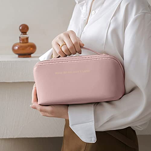 Dafuz Large Capacity Travel Cosmetic Bag, Multifunctional Storage Makeup Bag Pu Leather Makeup Bag, With Handle And Divider Travel Cosmetic Bags For Women (Pink) #TOP3