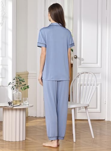 Image of WJing Yi Jia Womens Soft Pajamas Set XS-XXL Button Down Sleepwear Short Sleeves Pajama sets with Long Pants Pj Set Nightwear