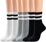BomKinta Womens Striped Crew Socks - Retro Above Ankle Cotton Sock - Casual Cozy Athletic Style Socks Gifts for Women Size 5-10 6 Pairs 2 Black 2 White 2 Grey