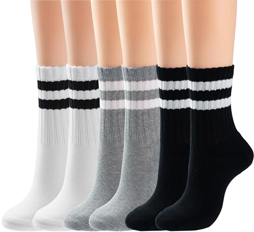 BomKinta Womens Striped Crew Socks Retro Above Ankle Cotton Sock Size 5-10 | Casual, Cozy, Athletic Style, Gifts