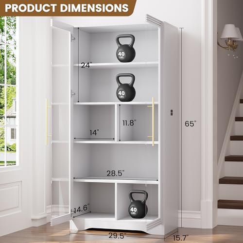 Image of LVSOMT Bookcase with Glass Doors and LED Light, Home Office Bookshelf White | 65 inch Tall Display Cabinet with Adjustable Shelves, Human Sensor, 5 Tier Storage Case for Collectibles, Living Room Study Room