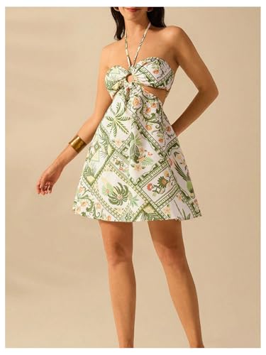 MakeMeChic Women's Summer Tropical Print Mini Dress Sundress 2025 Halter Backless Cut Out Short Dresses4
