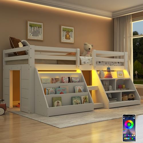 Sapgaks Lit mi Hauteur 90 x 200 cm,lit superposé Enfant Multiples rangements,lit Enfant avec Barriere lit Enfant avec Rangement,Garde-Corps,...