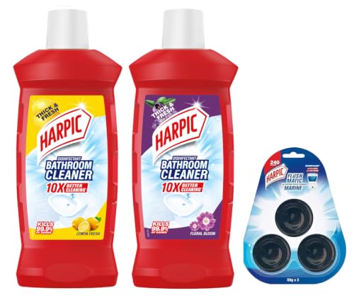 Image of Harpic Flushmatic In-Cistern Toilet Cleaner Blocks, Marine - 150 g | Lasts Upto 240 Flushes & Disinfectant Bathroom Cleaner Liquid, Lemon - 1L & Disinfectant Bathroom Cleaner Liquid, Floral - 1L
