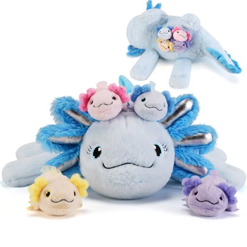 5 Pieces Axolotl Stuffed Animals with Babies Inside Belly - 1 Mommy Stuffed Axolotl with 4 Babies - Blue Axolotls Plush Toy for Kid Age 3-8, Gift Ideal for Christmas, Valentine's, Birthday